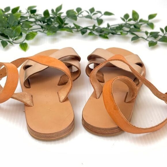 KYMA PATMOS CROSS ANKLE STRAP FLAT SANDAL GOLD/TAN LEATHER 7 - Picture 7 of 11